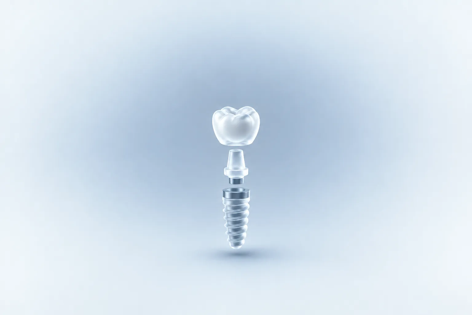 Illustrazione di un impianto dentale scomposto in vite, moncone e corona, in vetro smerigliato